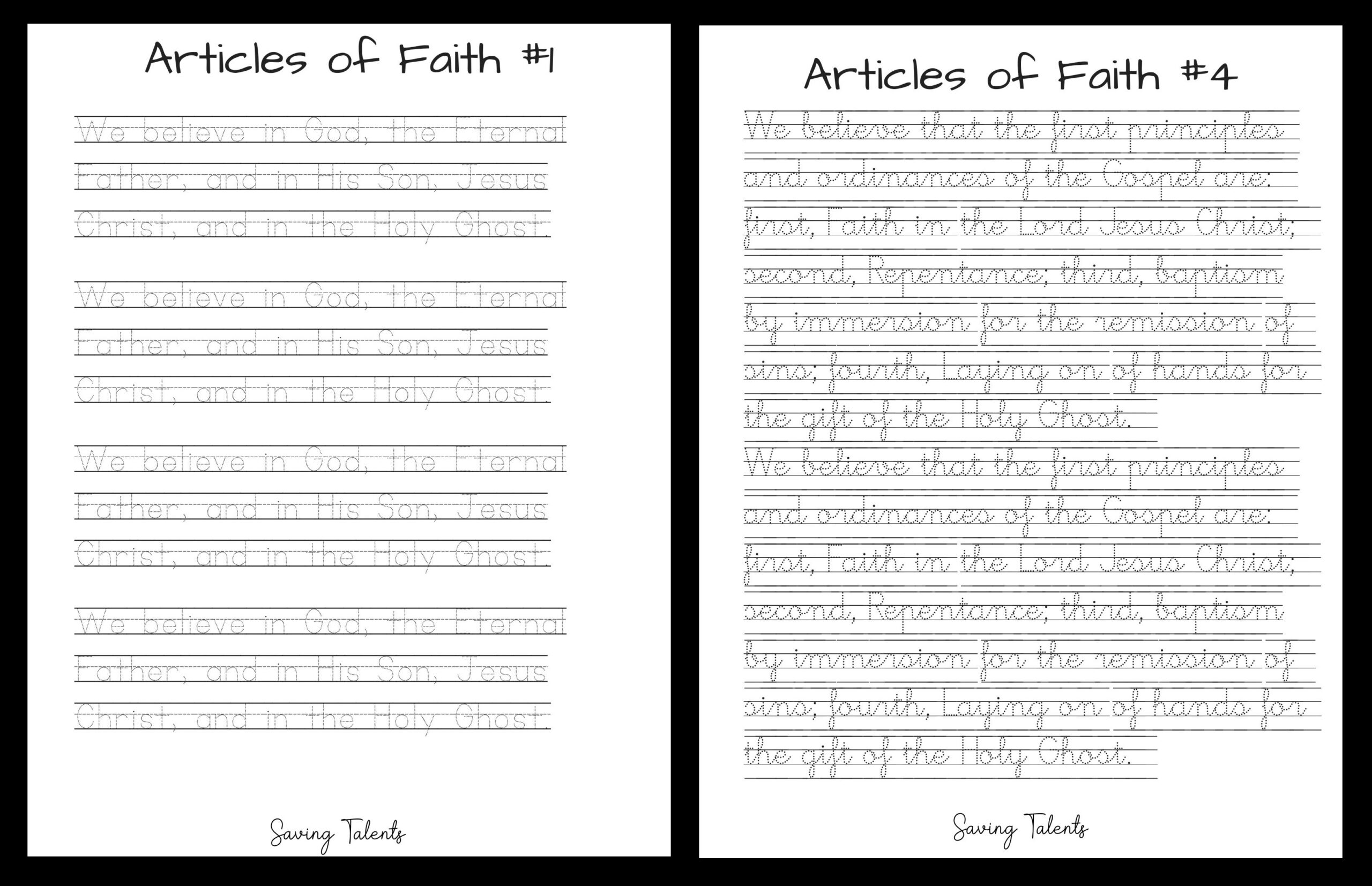 free printable articles of faith tracing sheets - saving talents